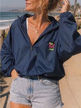 Vintage Surf Style Windbreaker Pullover Jacket XL Blue 90s Beach Oversized